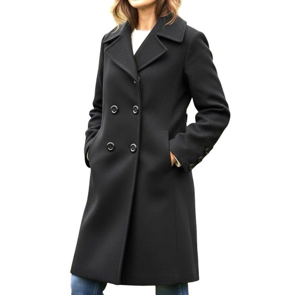 GUESS Black Double Breasted Wool Blend Coat Women’s L SIDE Pockets Lined